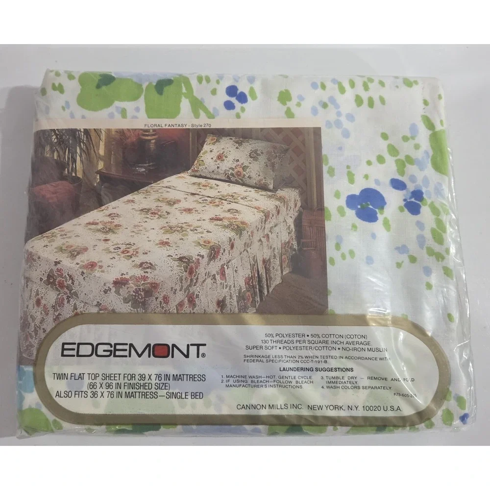 Edgemont Blue Green Floral Twin Flat Sheet  Vintage Unopened